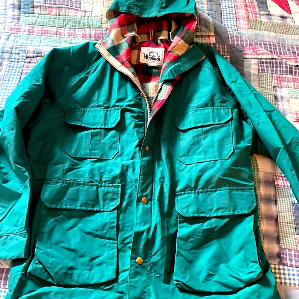 Vintage Woolrich Mens Green Raincoat XL with wool plaid lining